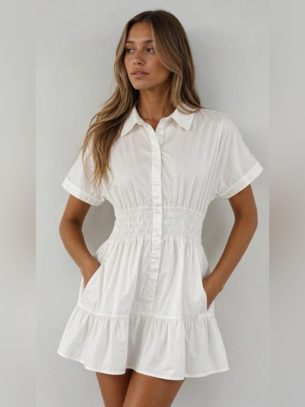 White Short Sleeve Mini Shirt Dress with Smocked Waist
